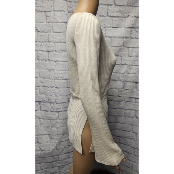 VENUS S IVORY CREAM COLD SHOULDER RIBBED KNIT GTOMMET TUNIC SIDE SLIT SWEATER TO - Picture 15 of 15